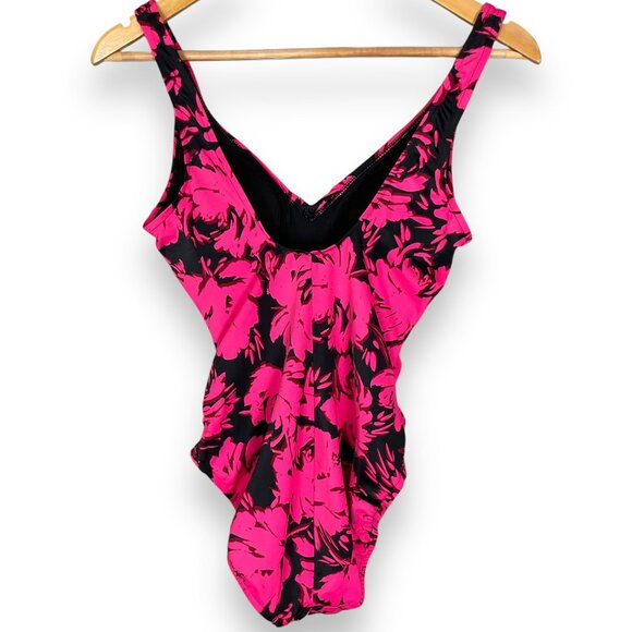 Aqua Green Swimsuit Floral‎ Pink Black Size Small One Piece V-Neck Bathing Suit - Picture 2 of 11